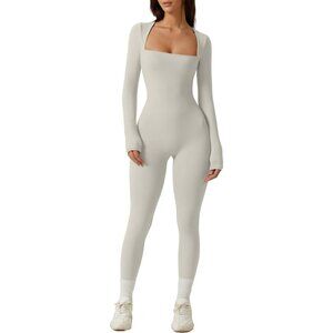 Women Off-white Sexy Neck Long Sleeve Full Length Legging Bodycon Jumpsuit